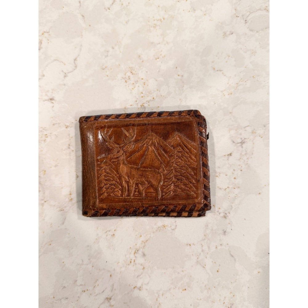 Vintage Tooled Leather Bifold Wallet Buck Doe Mountain Scene Whipstitch Brown